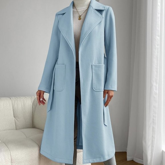 Baby Blue Preppy Womens Lapel Neck Dual Pocket Belted Overcoat - Picture 3 of 5